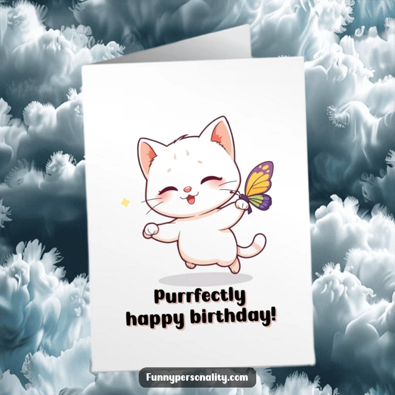 Funny Free Printable Birthday Card: A playful cat joyfully leaps after a shimmering butterfly, embodying birthday excitement.