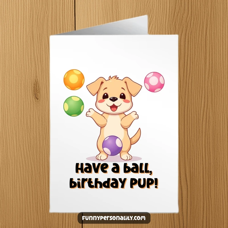 Funny Free Printable Birthday Card: Playful puppy energetically juggles three colorful bouncing balls. A delightful downloadable gift.
