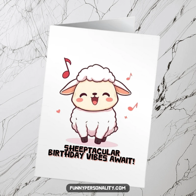 Funny Free Printable Birthday Card: Joyful sheep character happily bopping head to unheard music, ready for a party.