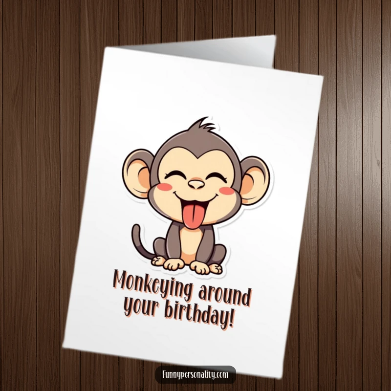 Funny Free Printable Birthday Card: Silly monkey character with a hilarious face, sticking tongue out, perfect for a cheeky birthday wish.