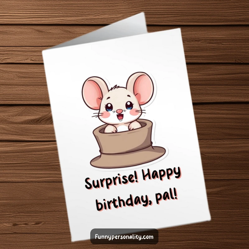 Funny Free Printable Birthday Card: A small, surprised mouse popping its head out of a miniature top hat.