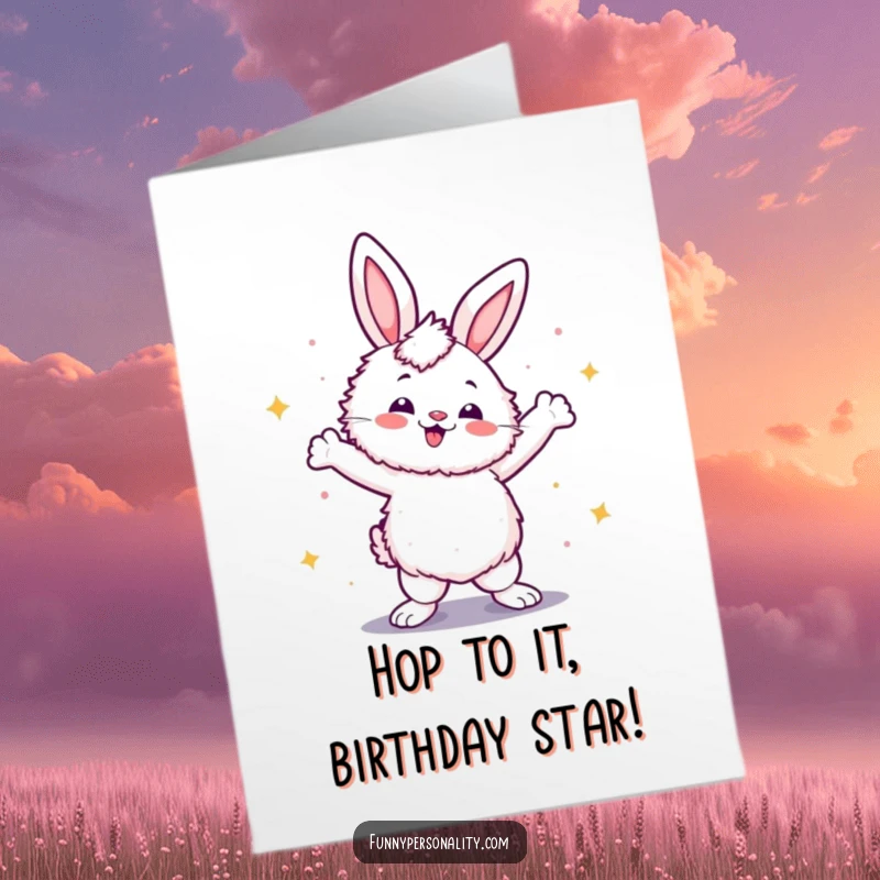 Funny free printable birthday card shows a fluffy rabbit striking a confident, dazzling disco pose.