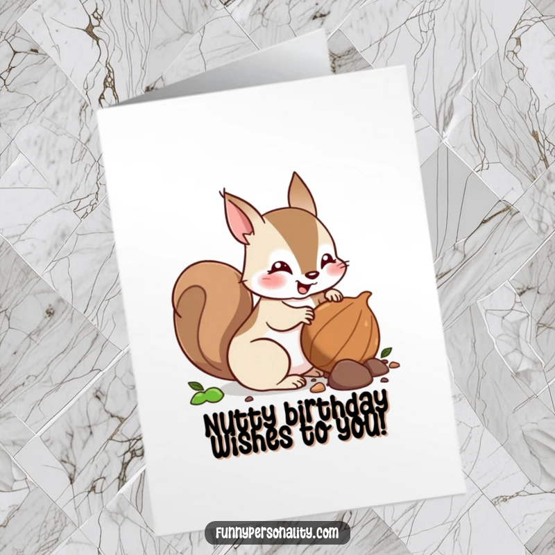 Funny Free Printable Birthday Card: An energetic squirrel character excitedly burying a prized nut with determination.