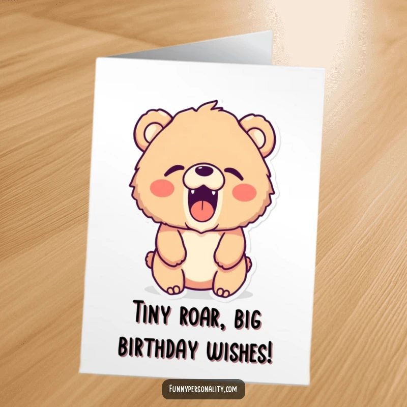 Funny free printable birthday card of a fluffy bear making a tiny, silent, yet enthusiastic roar, ready to download and print.