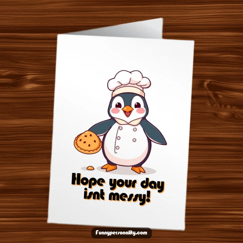 Funny Free Printable Birthday Card: A clumsy penguin chef in uniform drops a pie, creating comical birthday chaos. Downloadable.