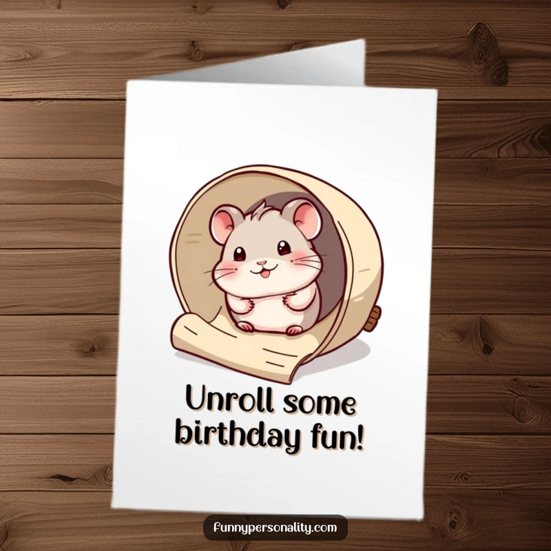 Funny Free Printable Birthday Card: Curious hamster peeking from a giant scroll, a surprise downloadable wish.