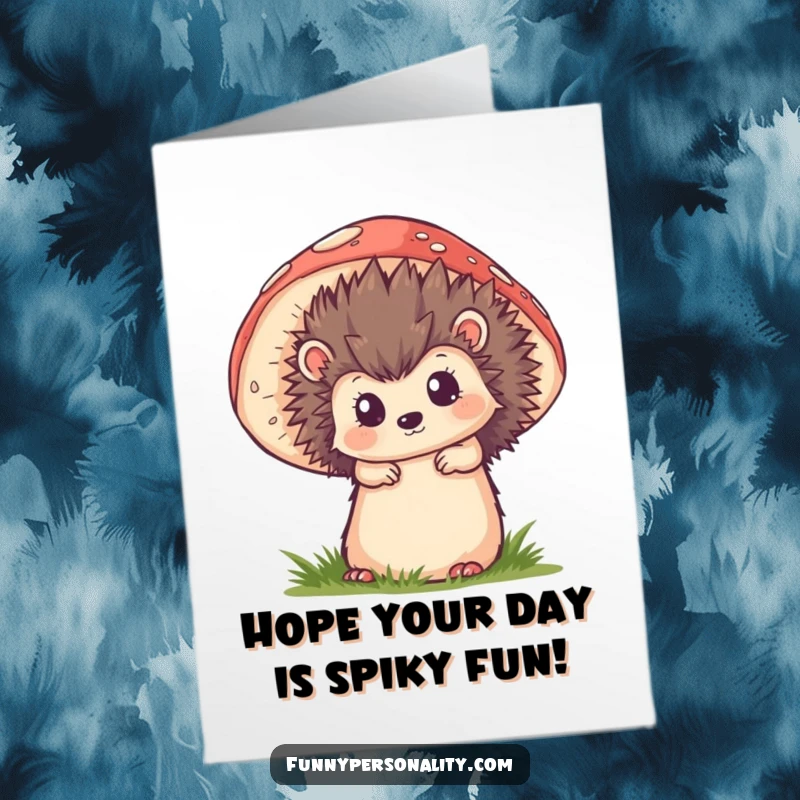 Funny Free Printable Birthday Card: Curious hedgehog peeking from behind a giant mushroom, with a playful, inquisitive look.