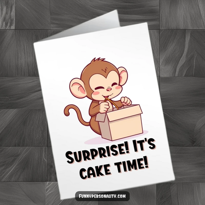 Funny Free Printable Monkey Birthday Card: A mischievous monkey pulls a comically long string from a box, a birthday surprise.