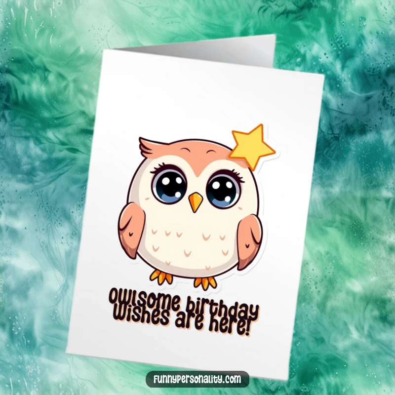 Funny Free Printable Birthday Card: Wide-eyed owl surprised by a shining star, perfect for a downloadable gift.