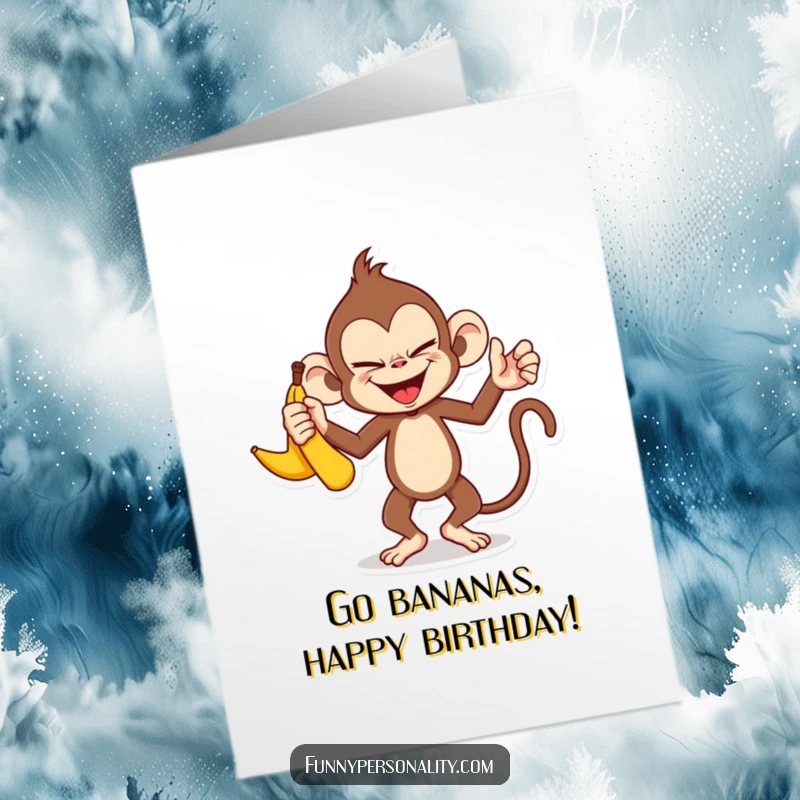 Funny free printable birthday card of a mischievous monkey with a sly smile juggling three ripe bananas with impressive skill.