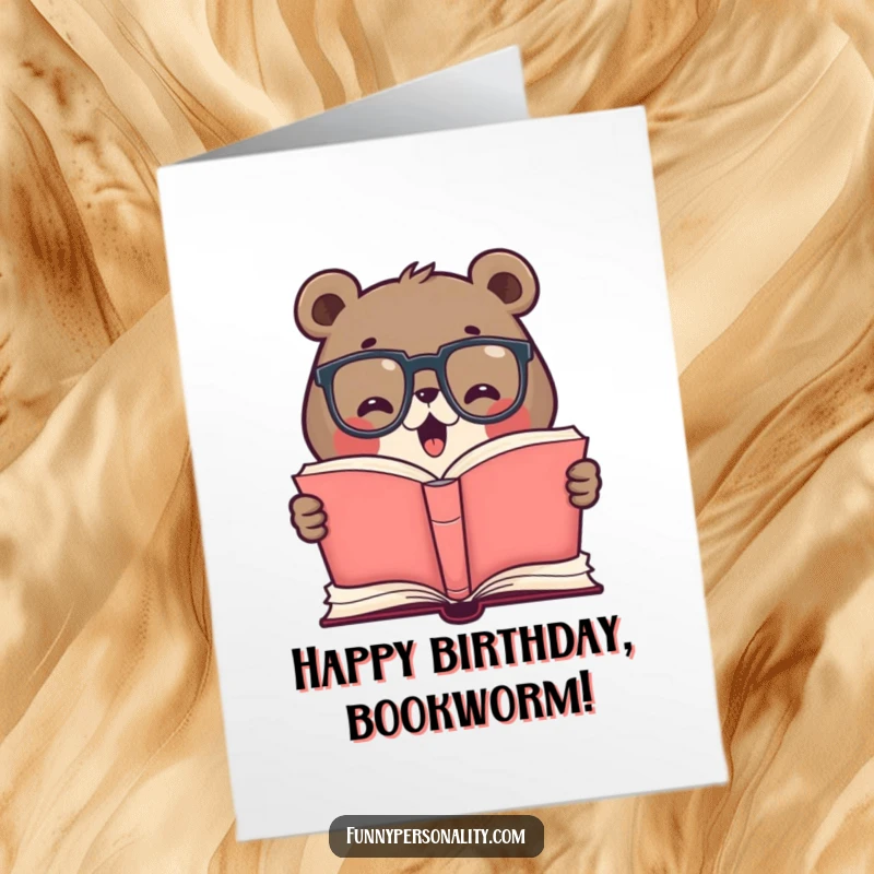 Funny free printable birthday card shows a cute bear in glasses reading a giant book excitedly.