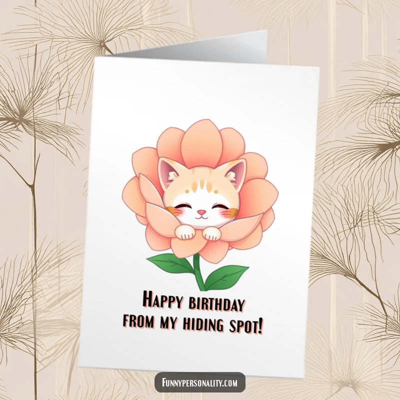 Funny free printable birthday card: A shy cat cautiously peeks from behind a large, vibrant flower, wishing a happy birthday subtly.