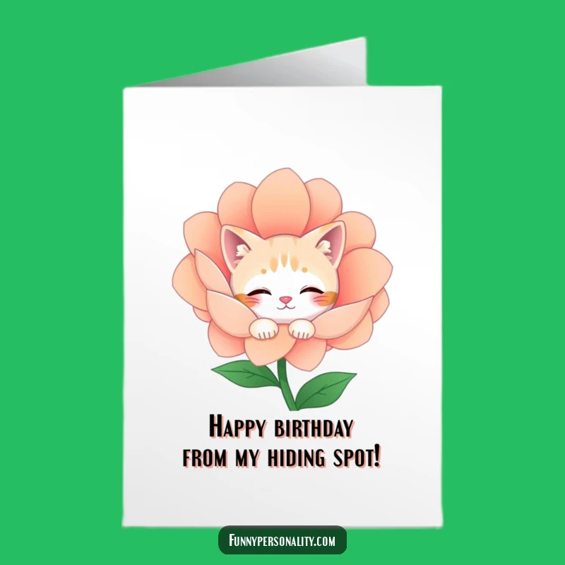 Free Printable Birthday Card: Shy Cat Flower Peek - Cute Downloadable Gift