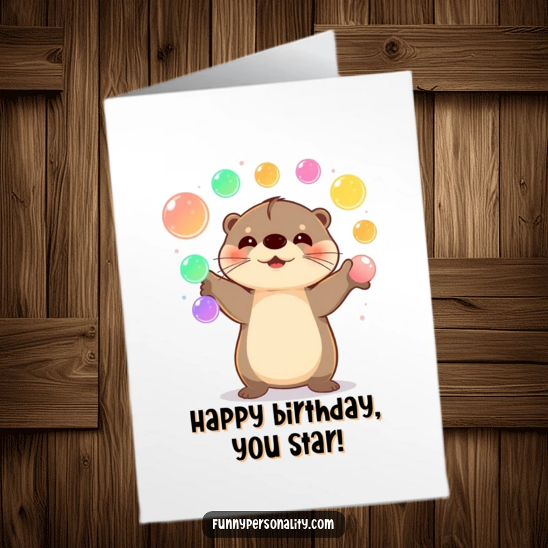 Funny Free Printable Birthday Card: A happy otter skillfully juggling colorful glowing orbs, celebrating with joy and light.