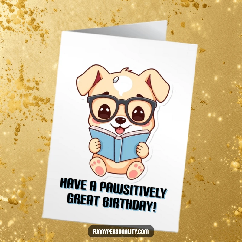 Funny Free Printable Birthday Card: A scholarly puppy wearing glasses grins while engrossed in reading a book, exuding charm.