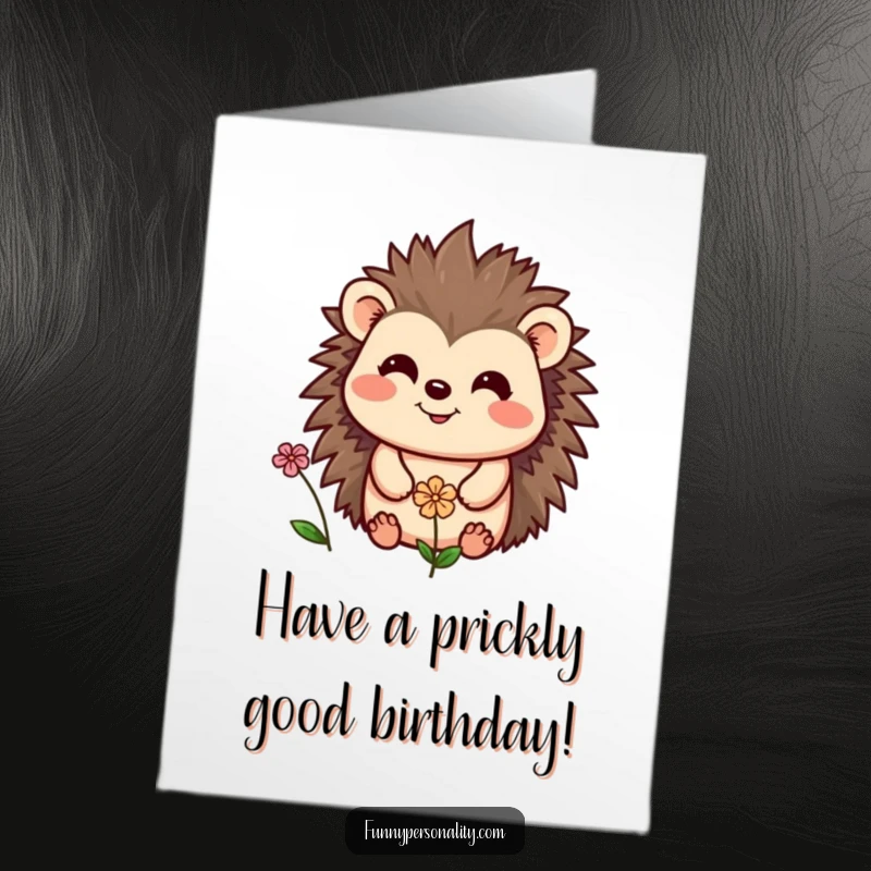 Funny Free Printable Birthday Card: A cheerful hedgehog beaming with a smile, sharing a moment with a tiny, delicate flower.