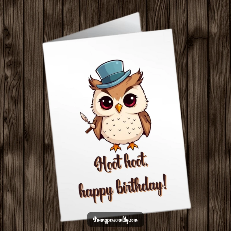 Funny Free Printable Birthday Card: Curious owl in a top hat holding a quill, conveying wise and witty birthday wishes.