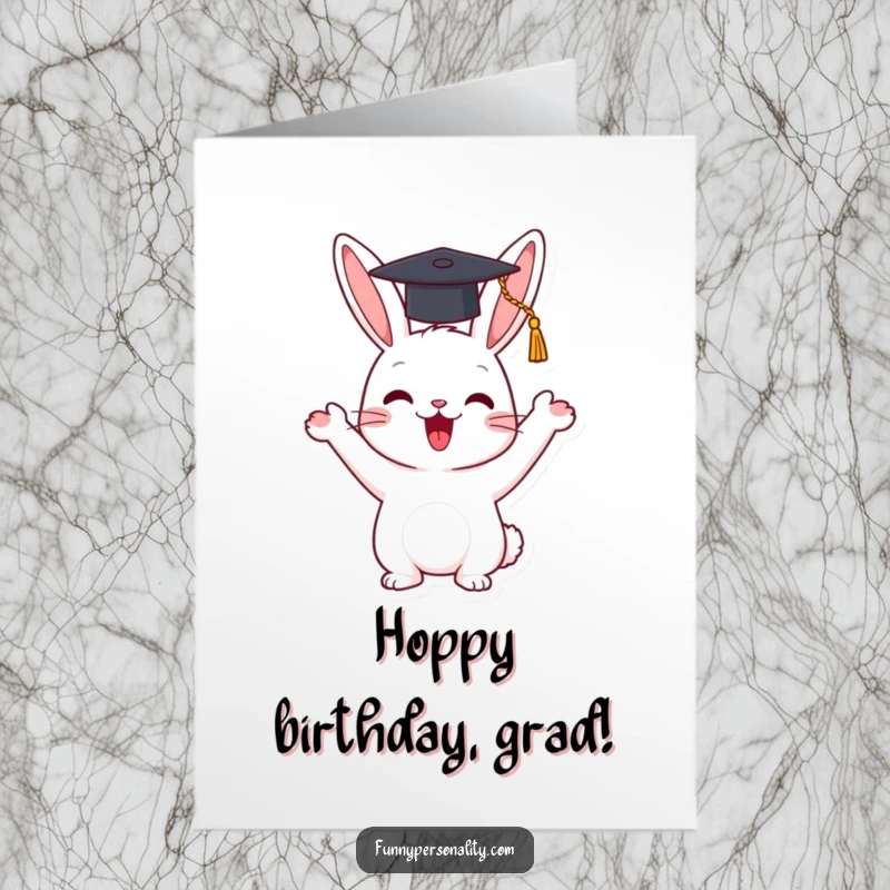 Funny Free Printable Birthday Card: a happy rabbit character enthusiastically waves a tiny graduation cap, celebrating achievements.