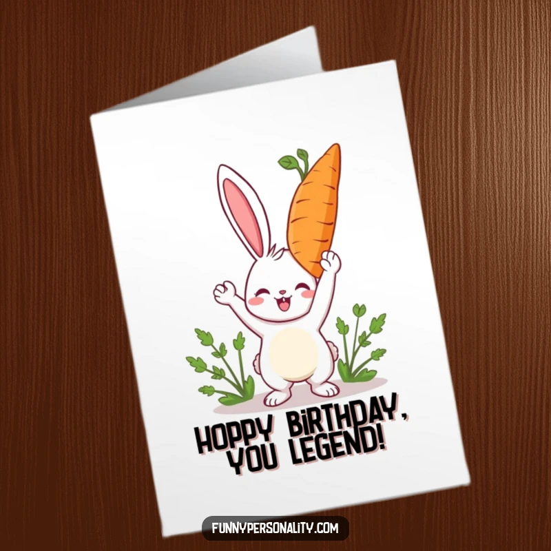 Funny Free Printable Birthday Card: Happy rabbit triumphantly holds an enormous carrot, celebrating a prize. Downloadable gift.