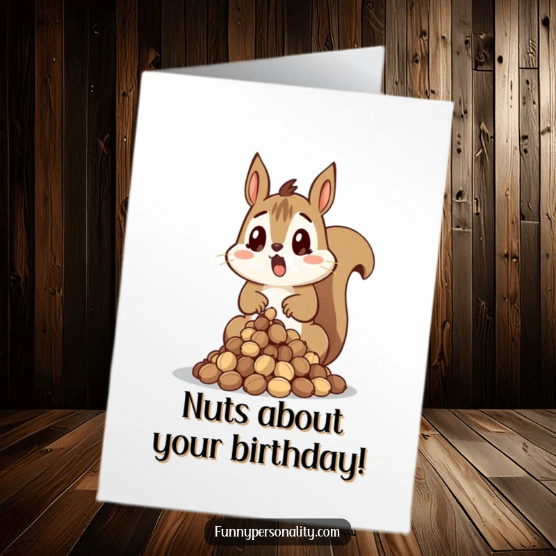 Funny Free Printable Birthday Card: A surprised squirrel comically dropping a pile of acorns, celebrating with a nutty mishap.