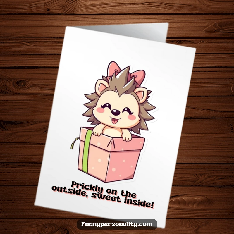 Funny Free Printable Birthday Card with a smiling hedgehog bursting out of a gift box, a delightful surprise for a birthday.
