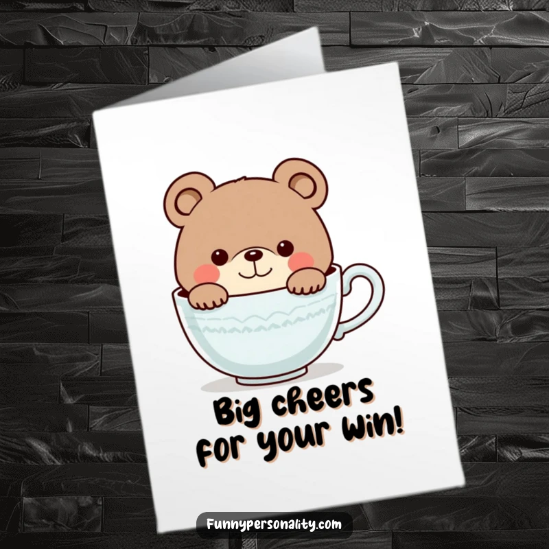 Funny Free Printable Congratulations Card: A sweet bear peeks from a large teacup, conveying joyous congratulations with a happy grin.