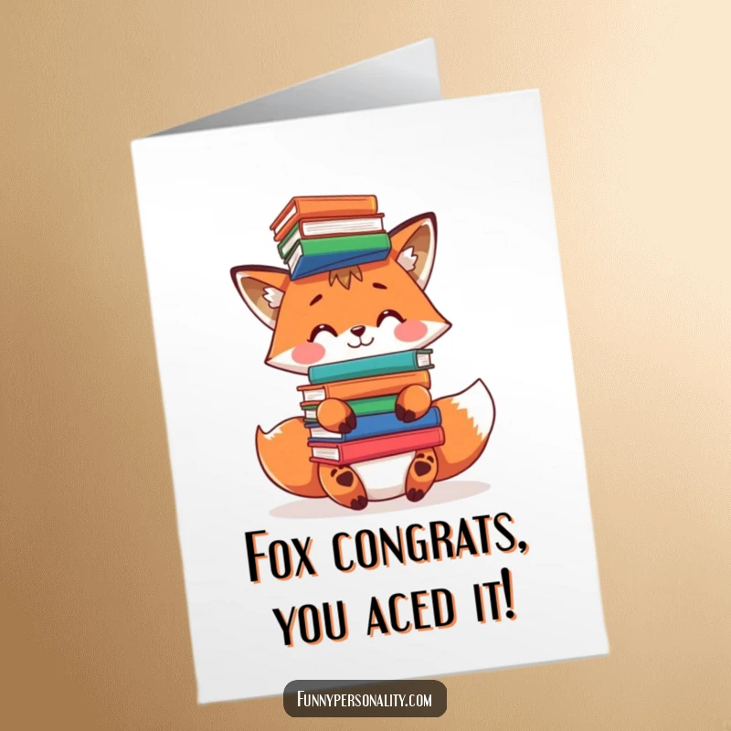 Funny free printable congratulations card showing a playful fox successfully balancing a stack of books on its head, celebrating success.