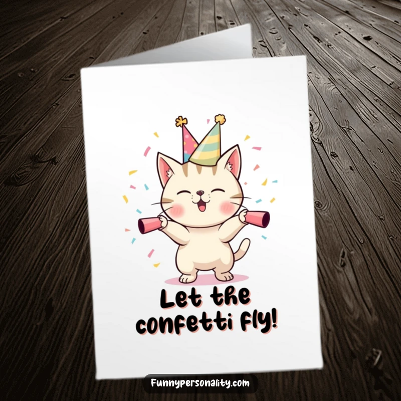 Funny Free Printable Congratulations Card: A party cat launching confetti cannons, celebrating a big achievement.