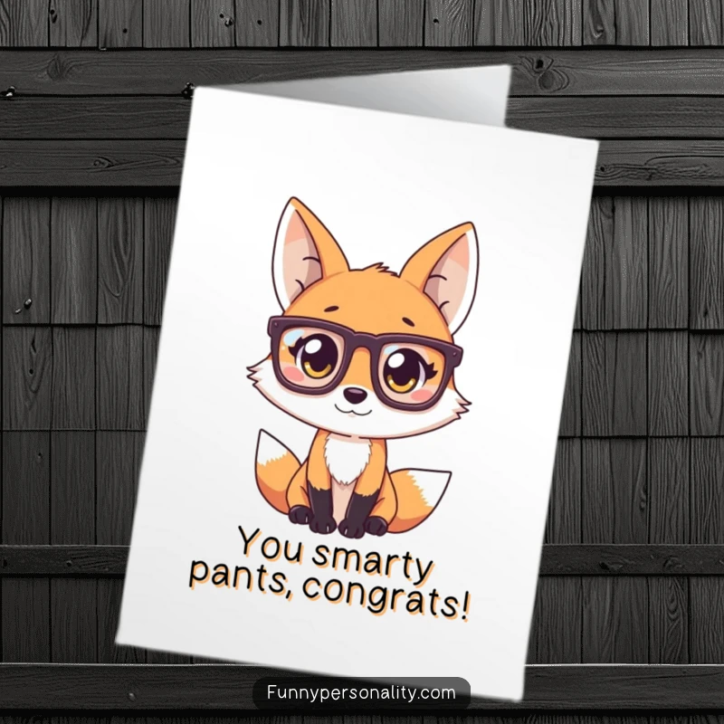 Funny Free Printable Congratulations Card: A fox wearing oversized glasses, peering with intelligent curiosity at a success.
