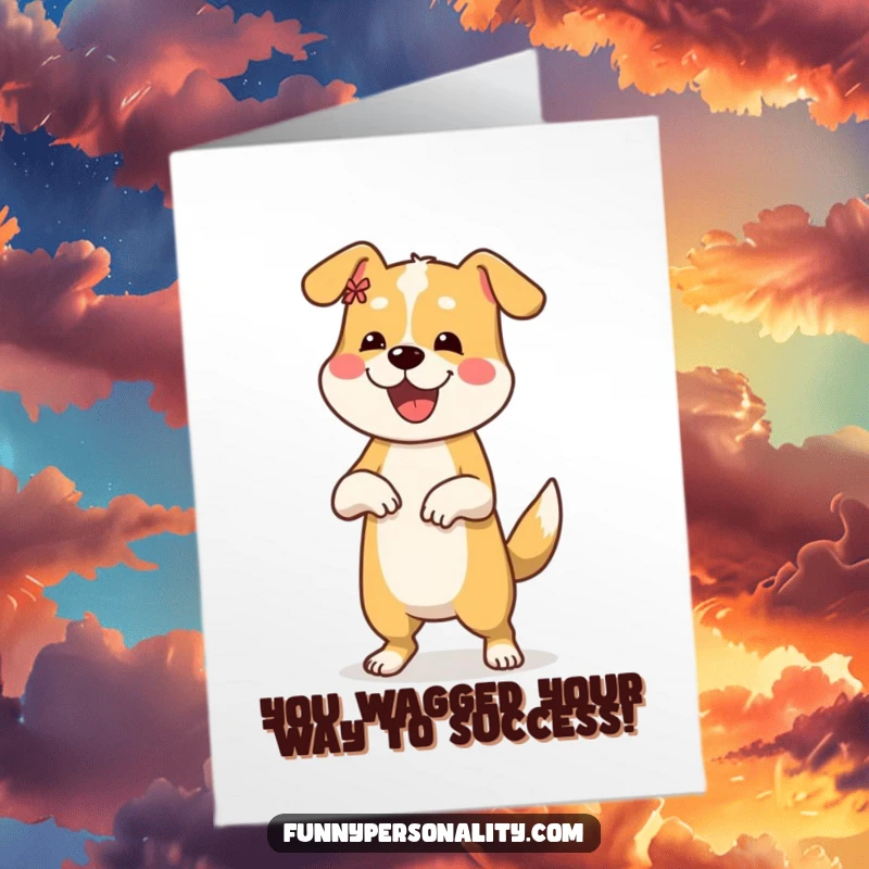 Funny Free Printable Congratulations Card: A happy dog enthusiastically performing a silly dance move, full of excitement.
