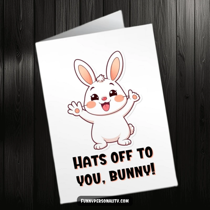Funny Free Printable Congratulations Card: A beaming bunny waves joyfully, conveying congratulations and happiness for their achievements.
