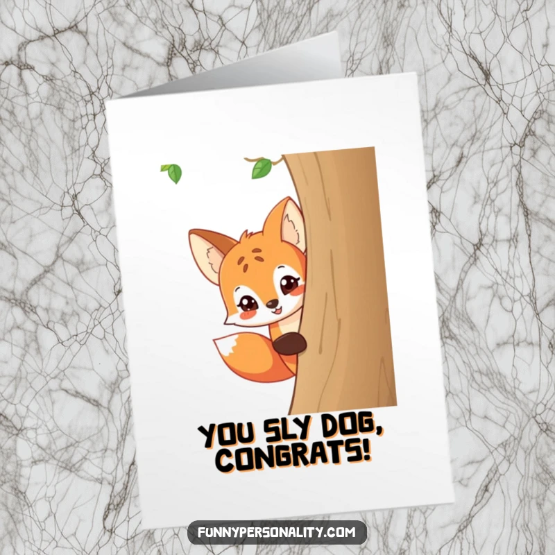 Funny Free Printable Congratulations Card: A cunning fox peeks from behind a tree, sharing a mischievous grin that implies hidden congratulations.
