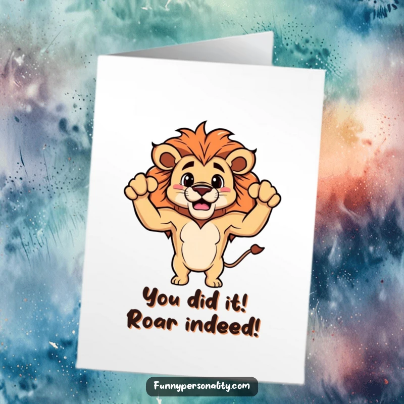 Funny Free Printable Congratulations Card: Proud lion showing off its small fluffy biceps, celebrating an accomplishment.