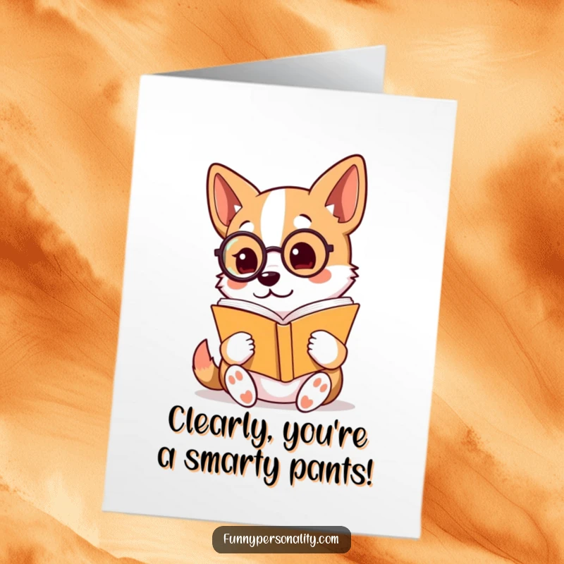 Funny free printable congratulations card: A distinguished dog wearing a monocle reads a book, signifying intelligence and well-earned congratulations.