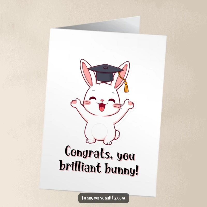 Free Printable Congratulations Card: a happy rabbit character enthusiastically waves a tiny graduation cap in celebration.
