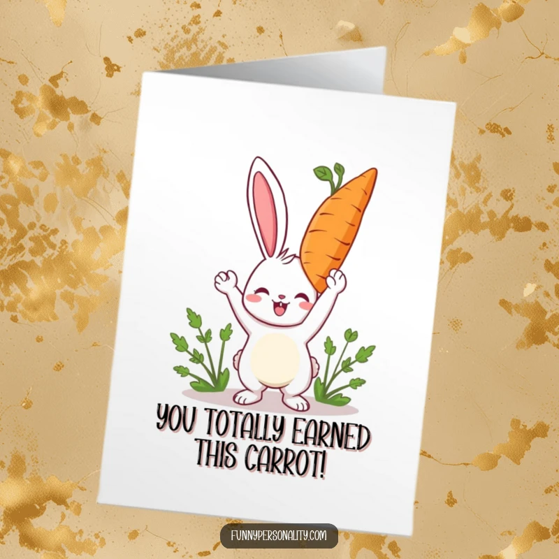 Funny Free Printable Congratulations Card: Elated rabbit proudly displays a massive carrot, signaling a great achievement. A celebratory gift.
