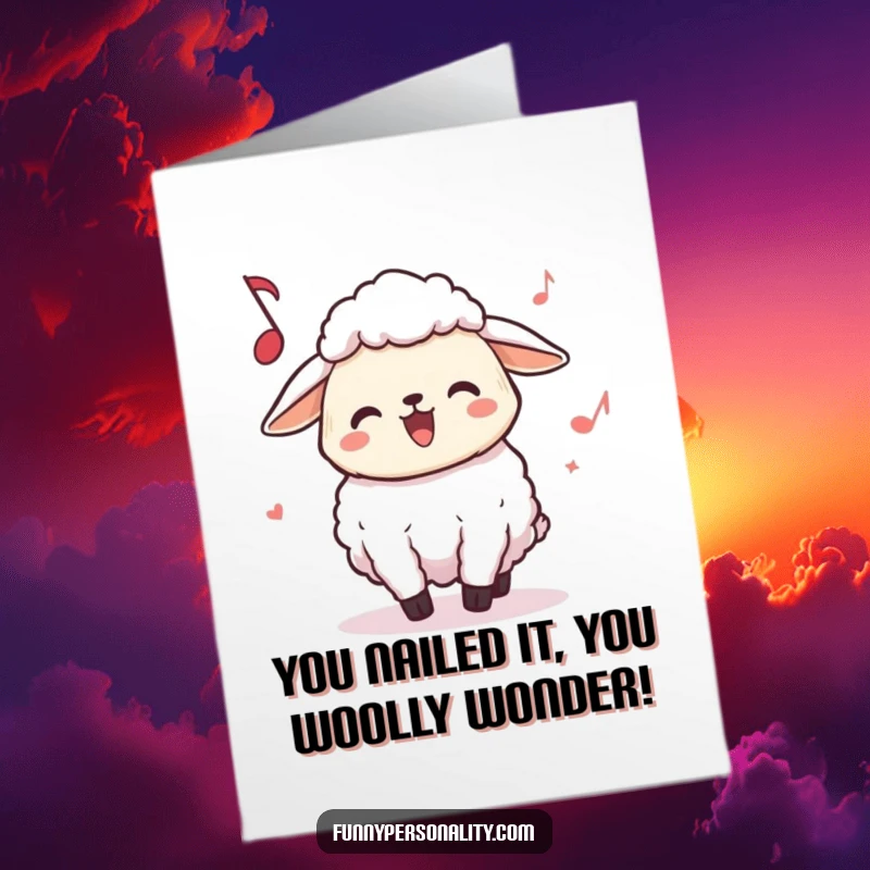 Funny Free Printable Congratulations Card: Joyful sheep character enthusiastically bopping head, celebrating success with music.