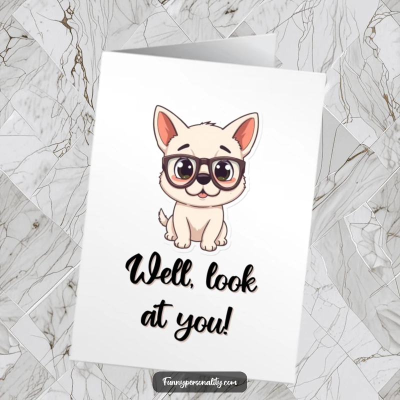 Funny Free Printable Congratulations Card: A playful dog wearing huge glasses, eyes wide with surprise, celebrating your success.