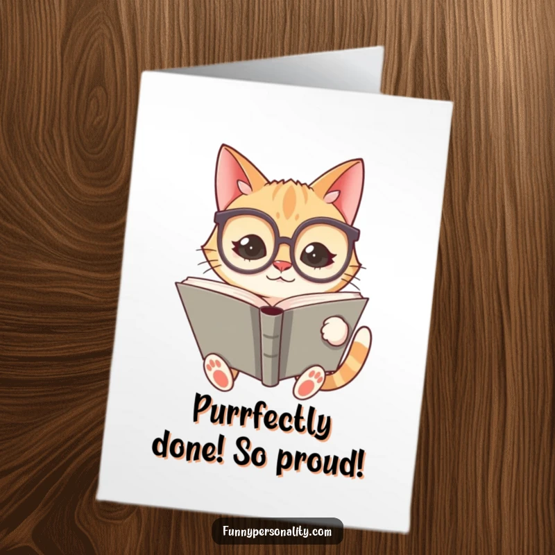 Free Printable Congratulations Card: a silly cat wearing big glasses reads a massive book, celebrating an achievement.