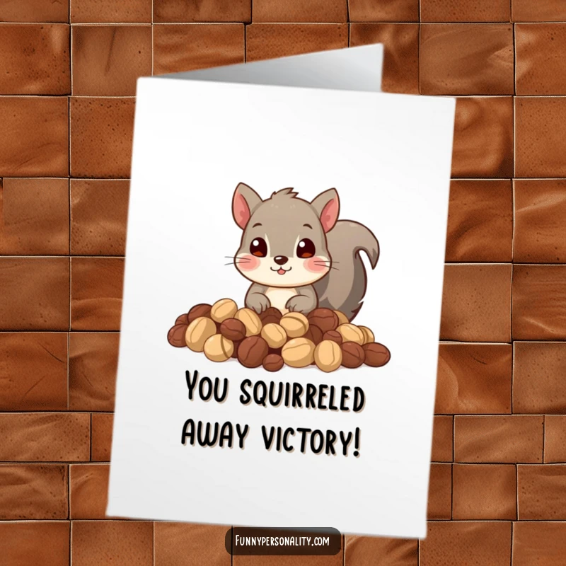 Funny Free Printable Congratulations Card: A squirrel peeking from a pile of nuts, looking proud of its collection.