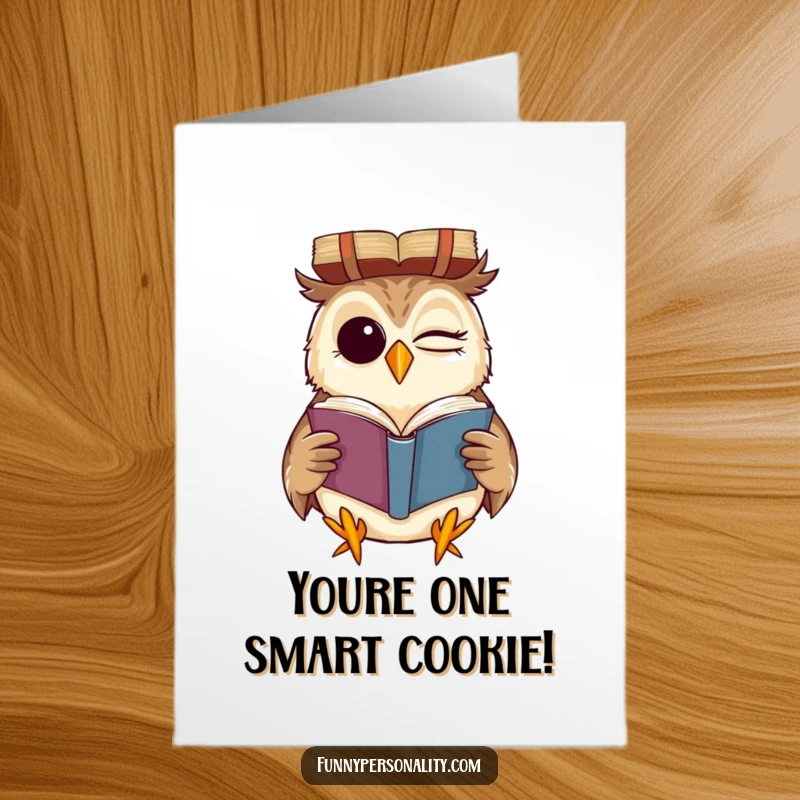 Funny Free Printable Congrats Card: A winking owl gleefully reading a book upside down, celebrating a moment of quirky brilliance.
