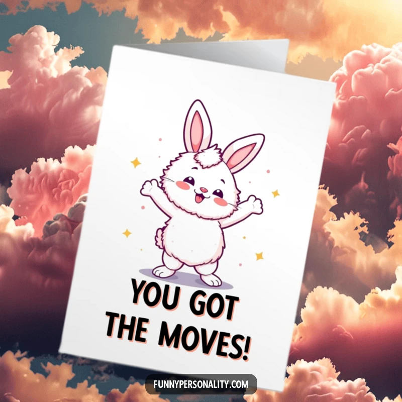 Funny free printable congratulations card featuring a fluffy rabbit in a bold, sassy disco dance stance.
