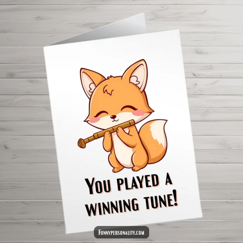 Funny Free Printable Congratulations Card: A cheerful fox plays a flute with closed eyes, serenading success with a happy tune.