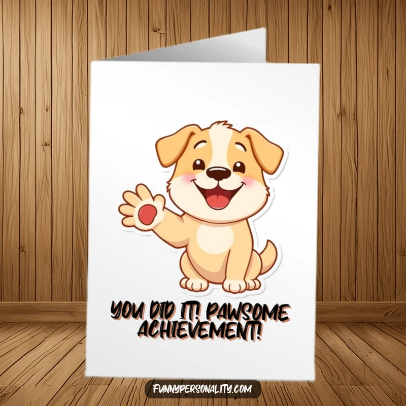 Funny Free Printable Congratulations Card showing a happy dog extending its paw in a cheerful congratulatory gesture.