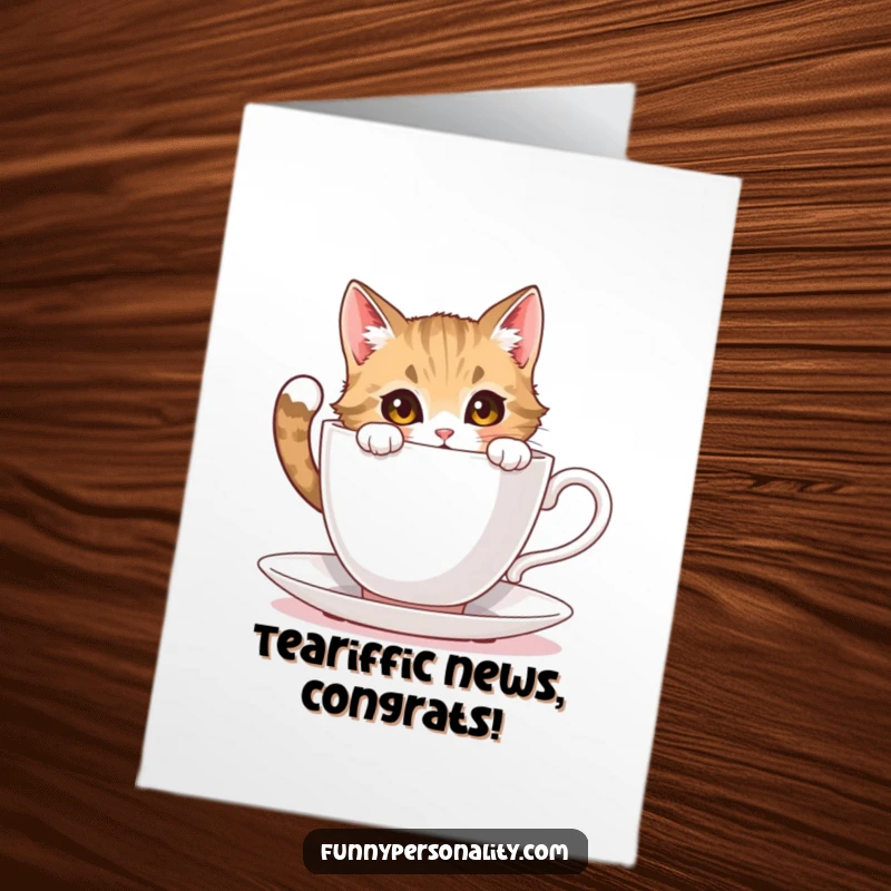 Funny free printable congratulations card showing a curious cat peering into a comically oversized teacup, marveling at its contents.