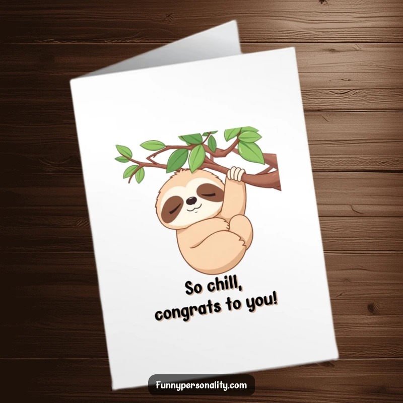Funny Free Printable Congratulations Card: Smiling sloth on a branch, a chill downloadable way to say congrats.