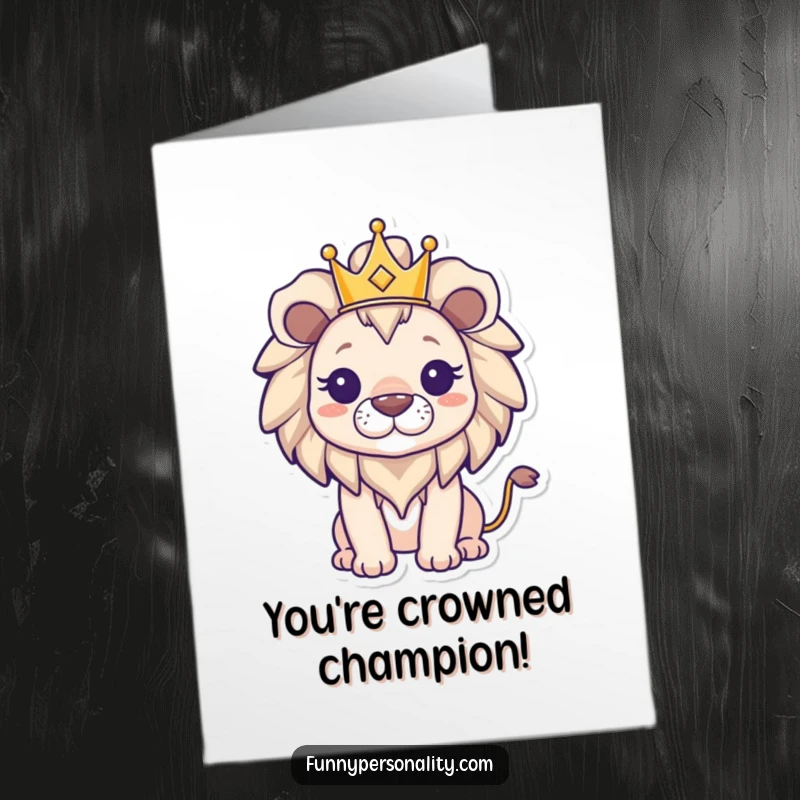 Funny Free Printable Triumphant Lion Congratulations Card, lion wearing crown, celebrating a royal victory, perfect downloadable gift.