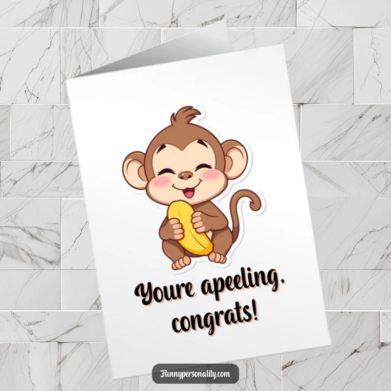 Funny Free Printable Monkey Congratulations Card: A mischievous monkey making a funny face while holding a banana.
