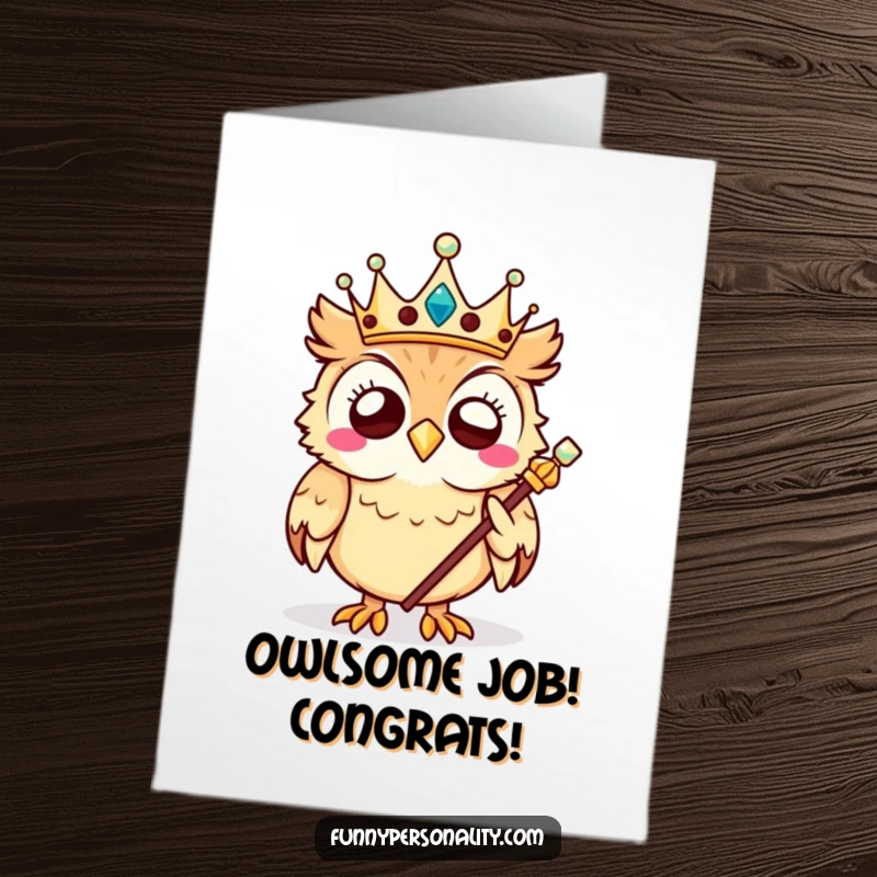 Funny Free Printable Owl Congratulations Card: A giggling owl wearing a crown signifies a royal and successful achievement.