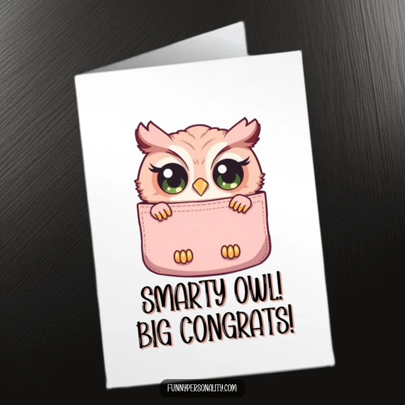Funny free printable congratulations card featuring a curious owl with large, expressive eyes peeking out.